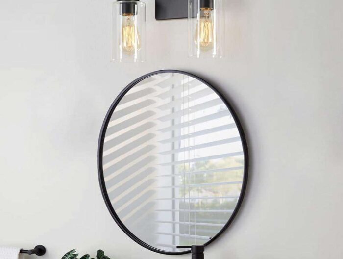 13 in. 2-Light Black Vanity Light with Clear Glass Shade